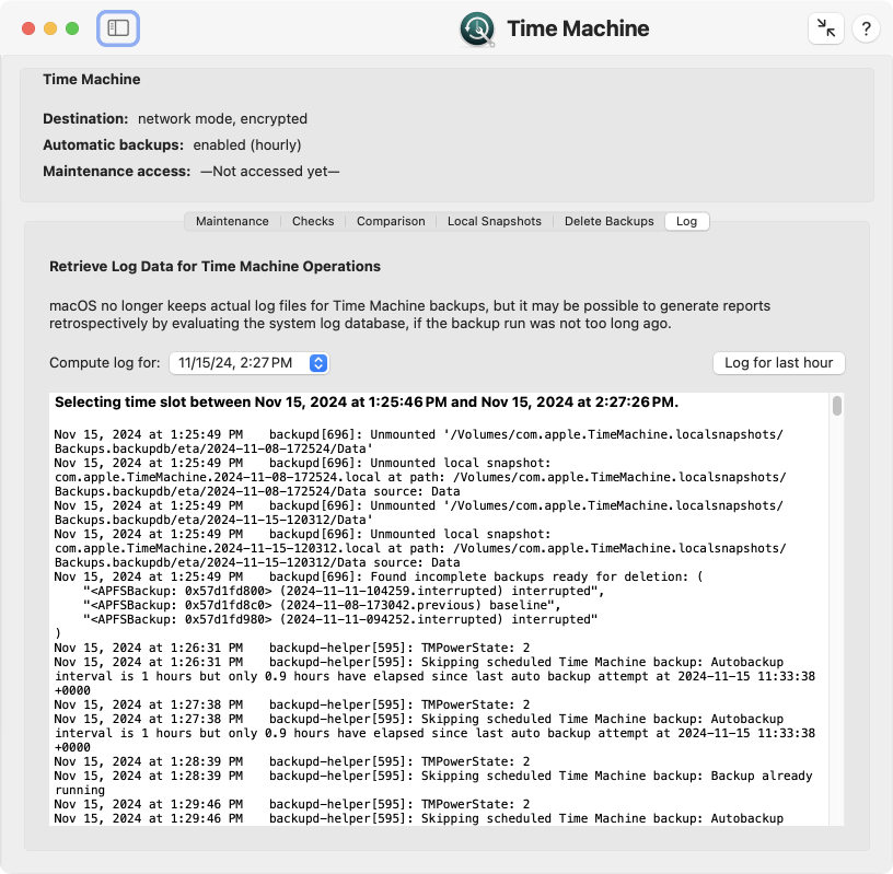 Logs for Time Machine backups are no longer created as separate text files, but can be retrieved afterwards