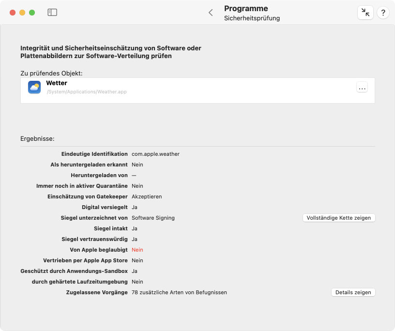 Überprüfen Sie die Integrität und
                Sicherheitseinschätzung für Programme oder anderen
                ausführbaren Code auf Ihrem System.