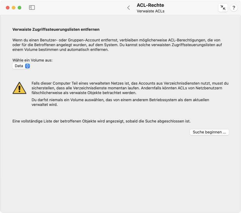 Falls durch Löschung von Accounts ACL-Einträge zurückbleiben, die nicht mehr gültig sind, können diese automatisch von einem Volume entfernt werden