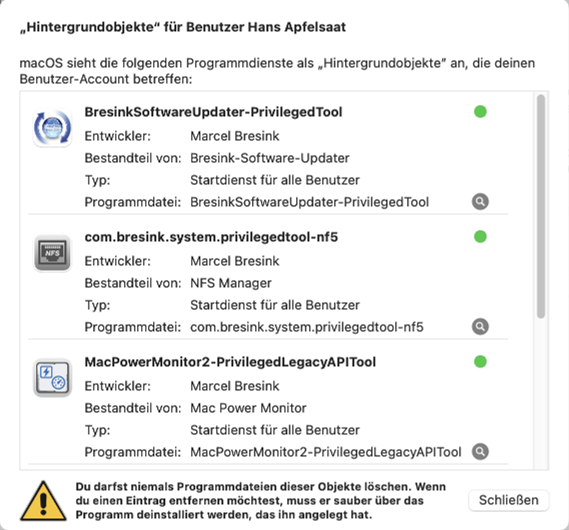 Die Liste der von macOS verwalteten Hintergrundobjekte kann verständlicher und mit so wenig Fehlern wie möglich angezeigt werden