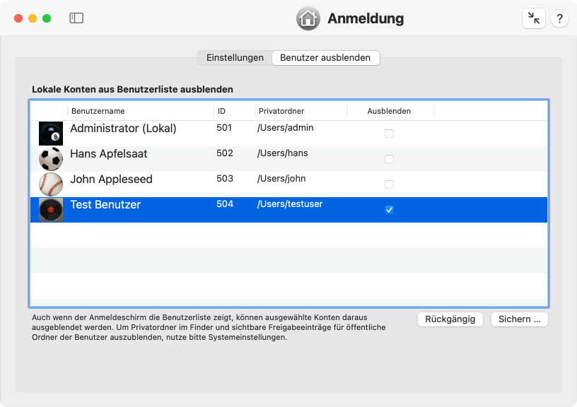 Accounts in der Benutzerliste der Anmeldung ausblenden