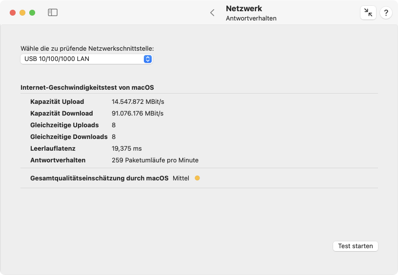 macOS kann das typische Antwortverhalten Ihres Netzwerks beurteilen und die Qualität einschätzen