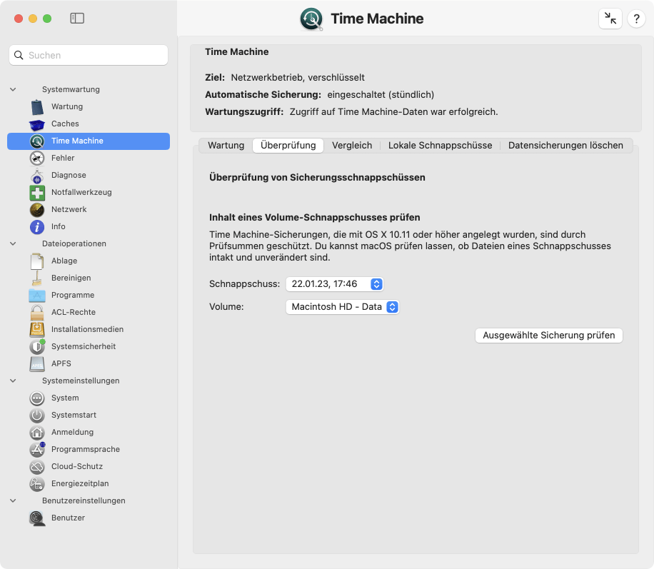 Funktion zur Überprüfung der Datensicherung