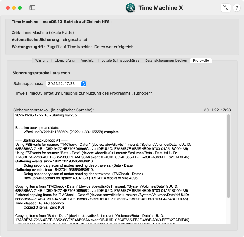 Zugriff auf Time Machine-Protokolle