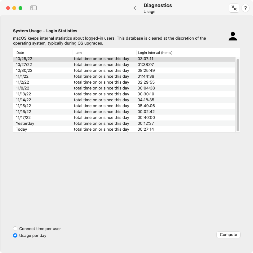 Retrieve the login time statistics kept by macOS