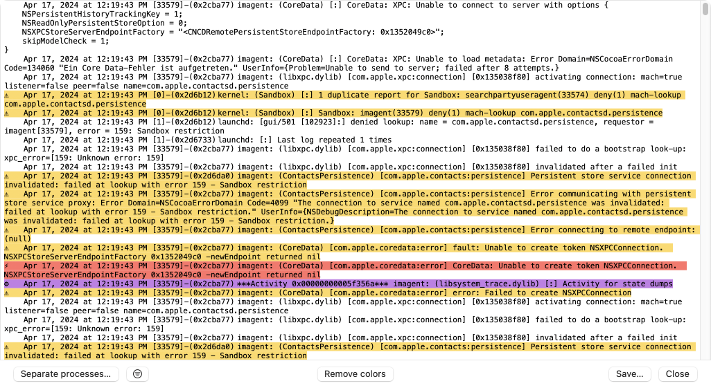 Display of a macOS log
