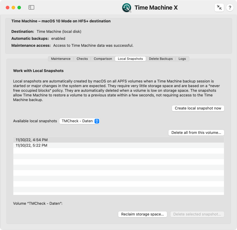 Working with local APFS snapshots
