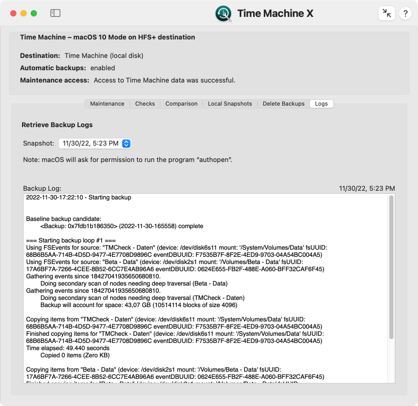 Access to Time Machine logs