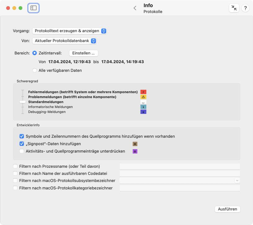 Rufen Sie Berichte aus den leistungsfähigen
                Protokollfunktionen von macOS ab.