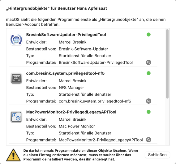 TinkerTool System 8
                kann die verwirrende Liste von „Hintergrundobjekten”,
                die auf der Karte Anmeldeobjekte der Systemeinstellungen
                gezeigt wird, analysieren und erklären.