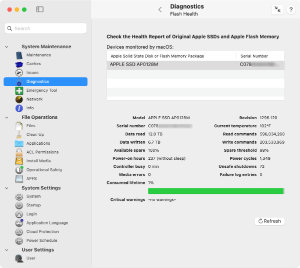 TinkerTool System 8, displaying health
information for Apple flash memory