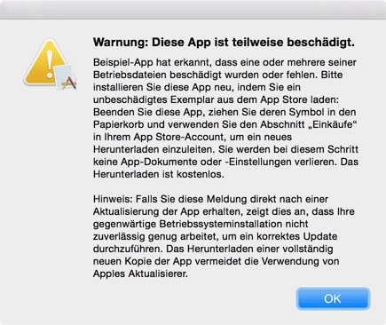 Warnung: Diese App ist teilweise beschädigt.