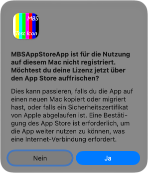 … ist für die Nutzung
            auf diesem Mac nicht registriert. Möchtest du deine Lizenz
            jetzt über den App Store auffrischen?