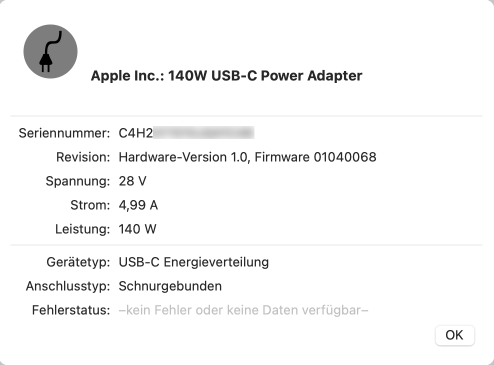 Beispielbericht über ein Apple-Netzteil. Bei Netzteilen mit USB-C-Technik zeigt der Bericht außerdem die aktuelle Ladebetriebsart, die von den Geräten ausgehandelt wurde.
