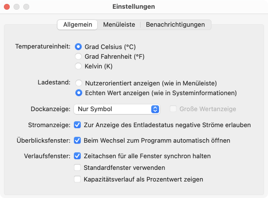Battery Monitor Einstellungen: Allgemein