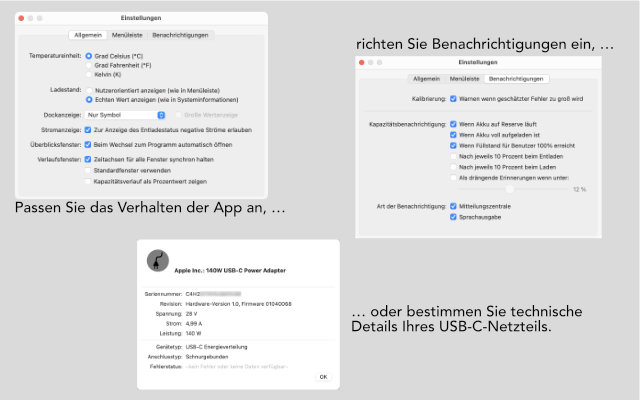 Passen
              Sie das Verhalten der App an, richten Sie Benachrichtigungen ein, oder bestimmen Sie technische Details Ihres USB-C-Netzteils.