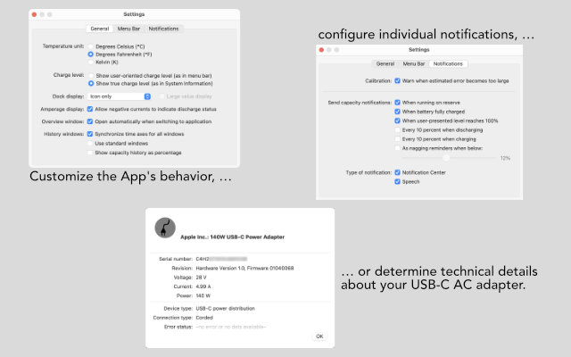Customize the App's behavior, configure individual notifications, or determine technical details about your USB-C AC adapter.