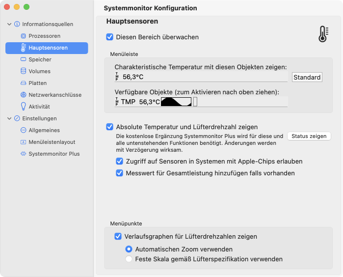 Auswahlmöglichkeiten für die Überwachung von Sensoren