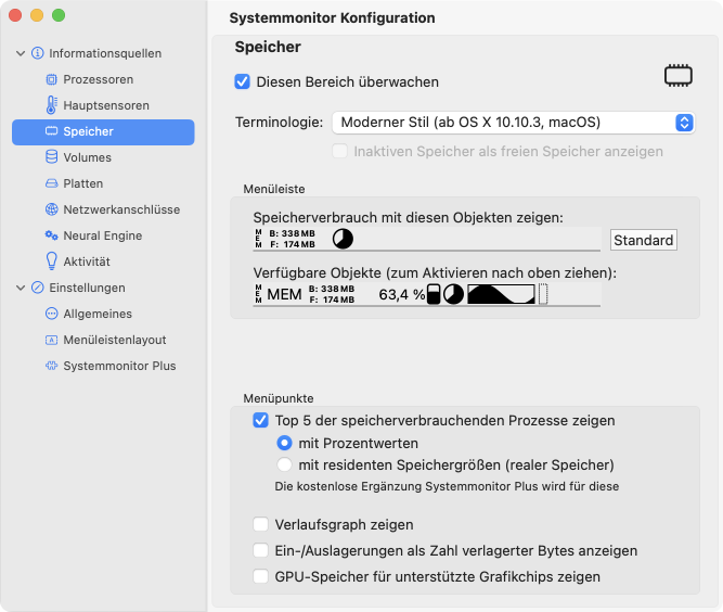 Auswahlmöglichkeiten für die Überwachung des Speichers