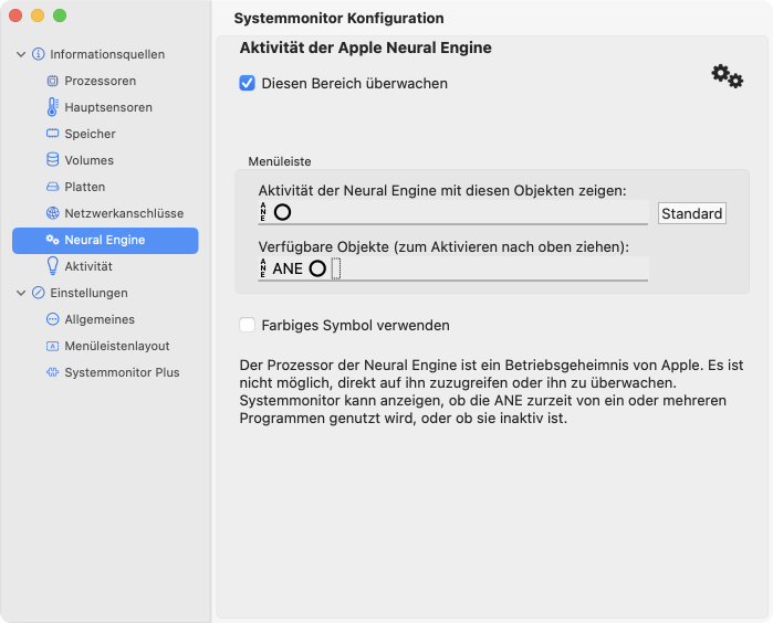 Die Neural Engine erlaubt keine detaillierte Überwachung, aber ihr aktueller Status kann angezeigt werden.