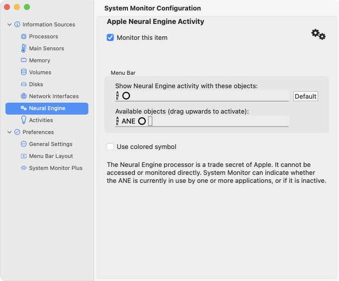 The Neural Engine does not allow any detailed monitoring, but its current status can be shown.
