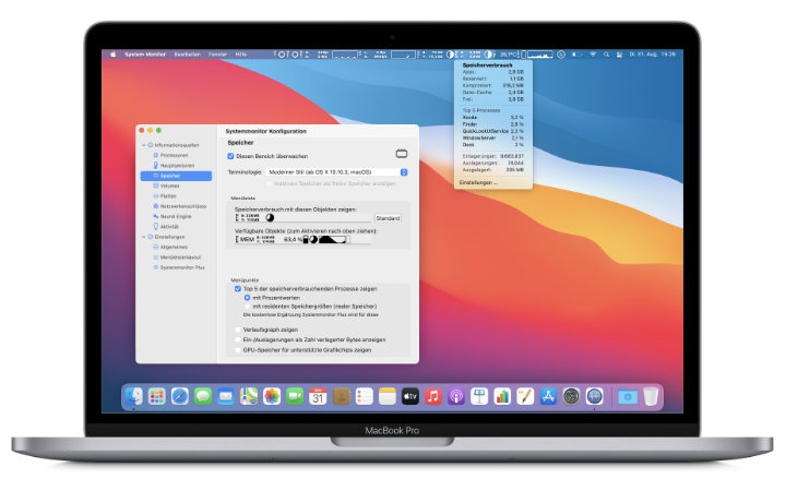 Systemmonitor und sein Steuerungsfenster auf einem MacBook Pro.