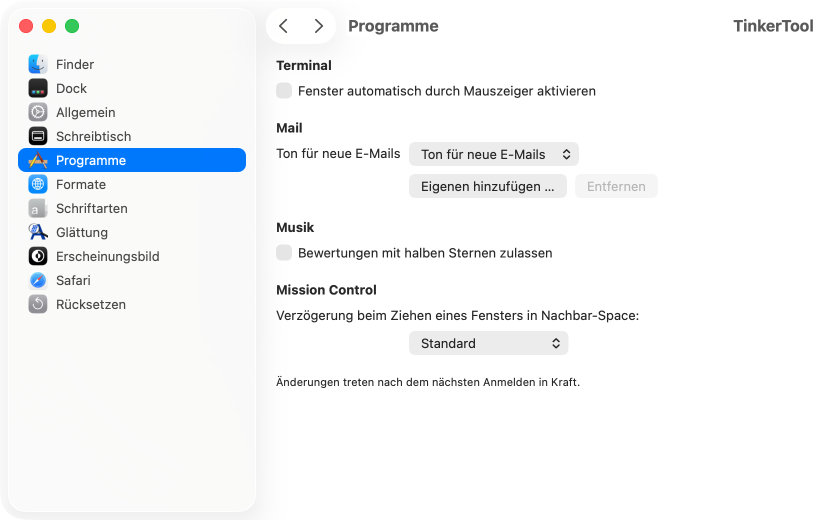 Einstellmöglichkeiten für bestimmte Programme, die
                mit macOS geliefert werden