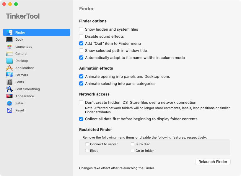 Settings for the
                Finder