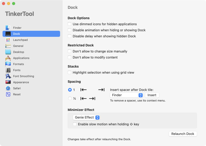 Settings for the Dock