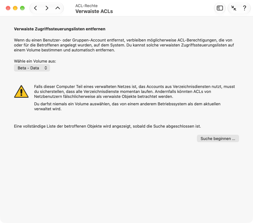 Falls durch Löschung von Accounts ACL-Einträge zurückbleiben, die nicht mehr gültig sind, können diese automatisch von einem Volume entfernt werden