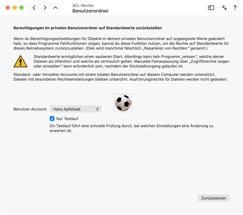 Verstellte Berechtigungen in einem Benutzerordner können auf Standardvorschläge zurückgestellt werden