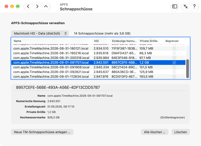 APFS-Schnappschüsse können eingesehen und gelöscht werden