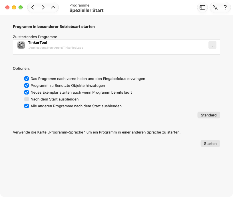 Programme können mit besonderen Wahlmöglichkeiten gestartet werden