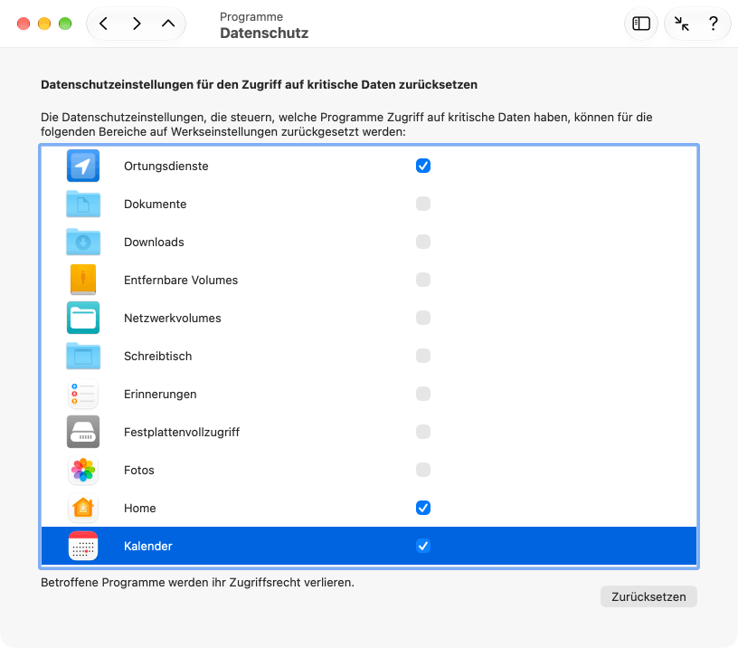 Datenschutzeinstellungen für Programme zurücksetzen