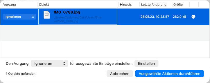 Bei jedem einzelnen verwaisten Objekt können Sie entscheiden, was zu tun ist.