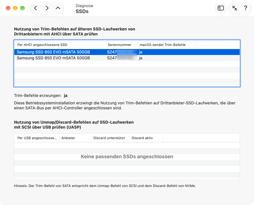 An bestimmten SSD-Anschlüssen kann unklar sein, ob macOS Trim verwendet