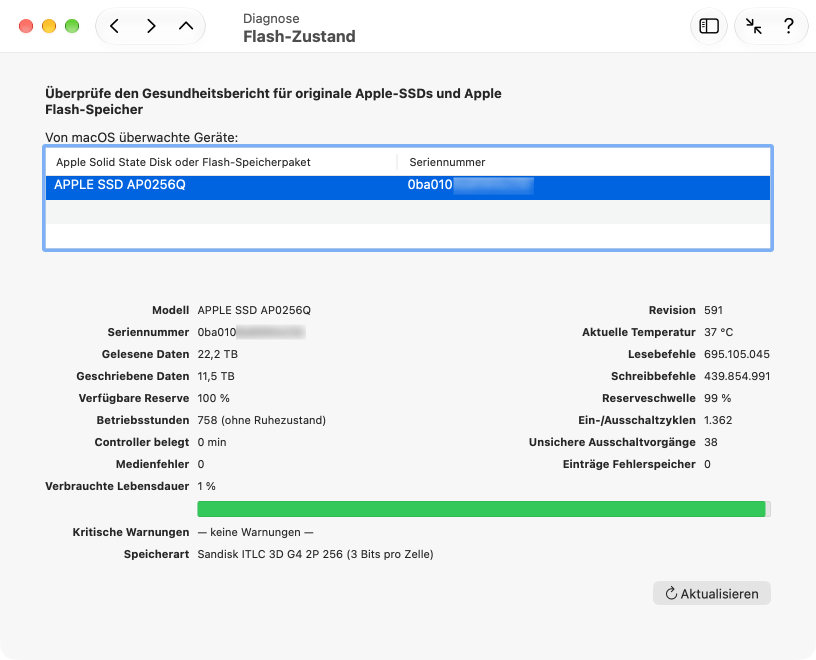 Überprüfen Sie den Zustand von originalem Apple-Flash-Speicher