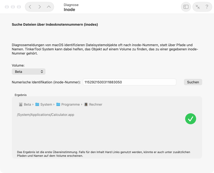 Um Diagnosemeldungen von macOS auszuwerten, können Dateipfade zu inode-Nummern bestimmt werden
