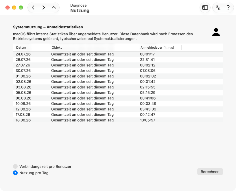 Rufen Sie die Statistik der Anmeldezeiten ab, die von macOS geführt wird
