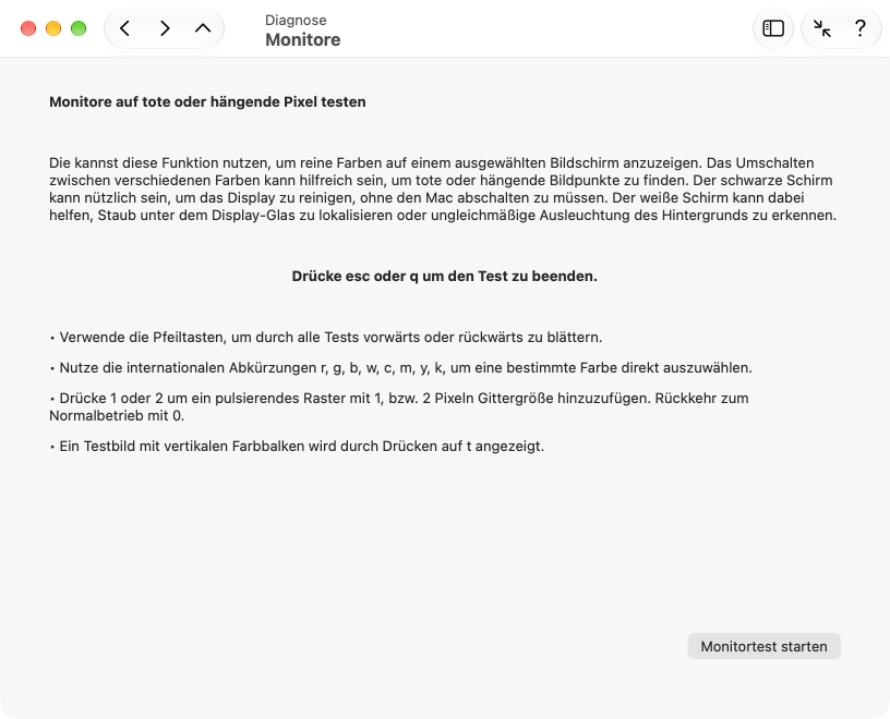 Angeschlossene Bildschirme können über Farbflächen getestet werden