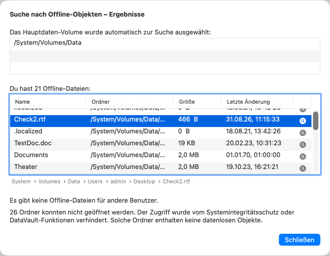Ergebnisliste für Offline-Dateien