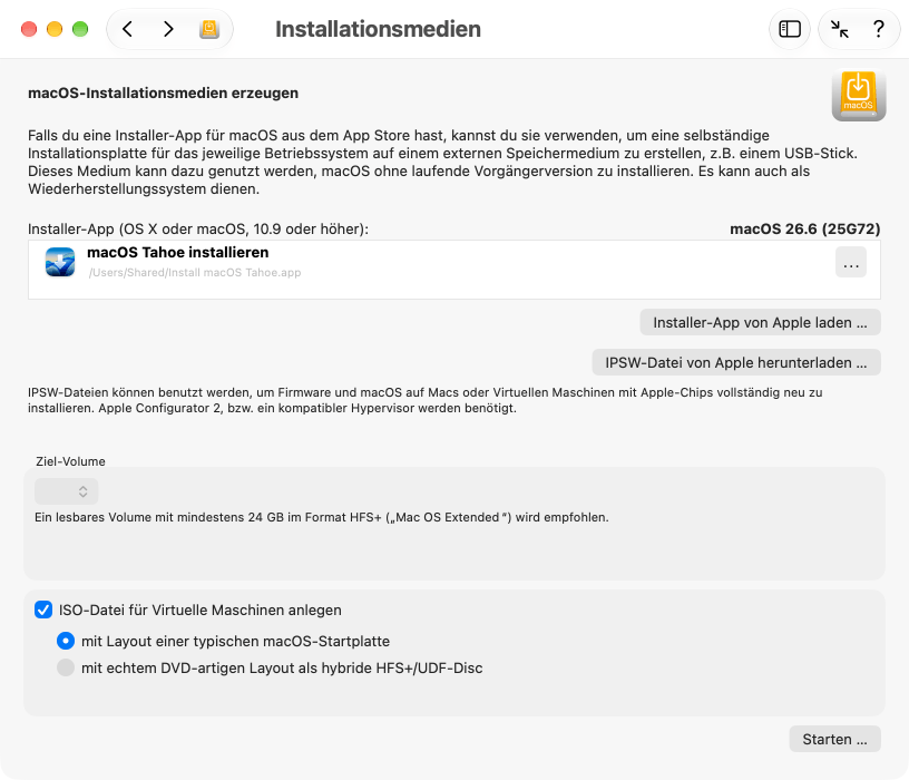 Ein selbständiges Installationsmedium für das Betriebssystem kann mit wenigen Mausklicks angelegt werden
