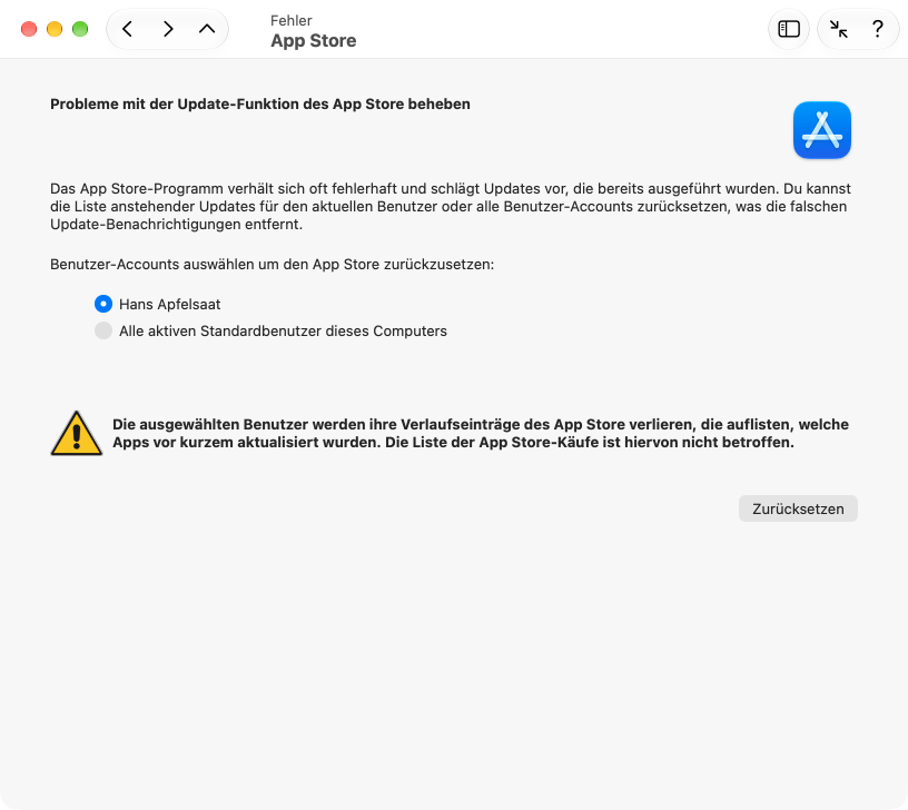 Das Zurücksetzen des App Store-Programms kann ungültige Update-Benachrichtigungen entfernen