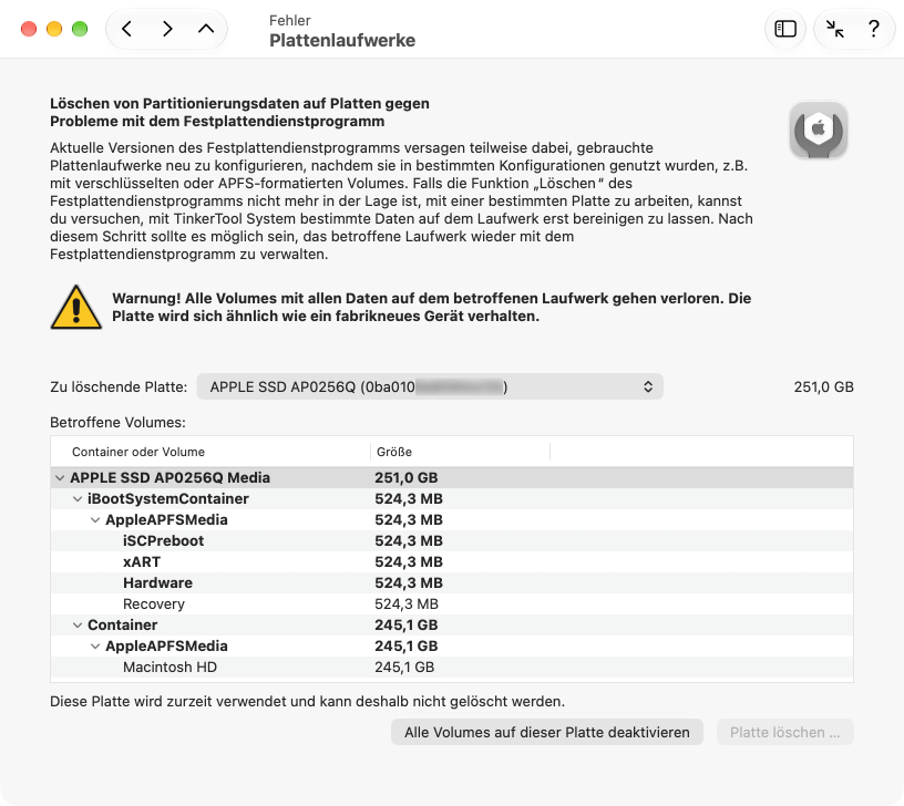 Bereinigen Sie Platten, die im Festplattendienstprogramm nicht mehr gehandhabt werden können