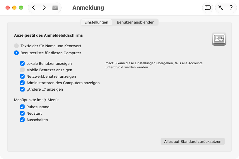 Einstellungen für den Anmeldeschirm