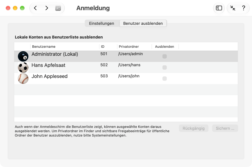 Accounts in der Benutzerliste der Anmeldung ausblenden