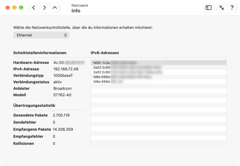 Detaildaten über jeden aktiven Netzwerkanschluss können ermittelt werden