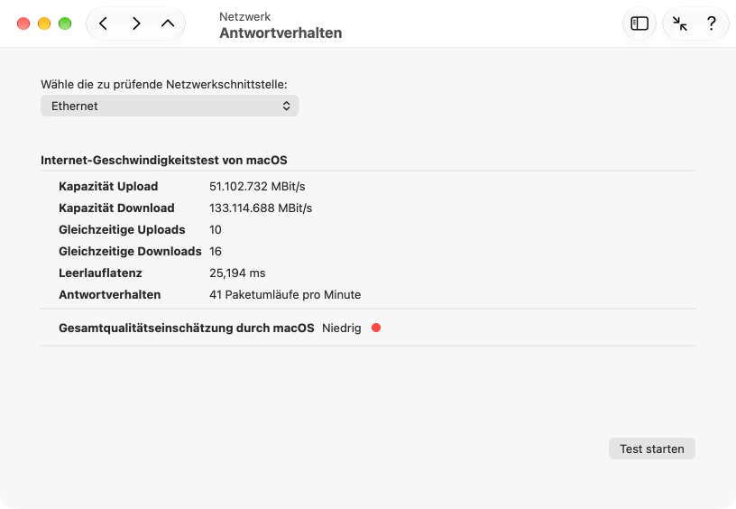 macOS kann das typische Antwortverhalten Ihres Netzwerks beurteilen und die Qualität einschätzen