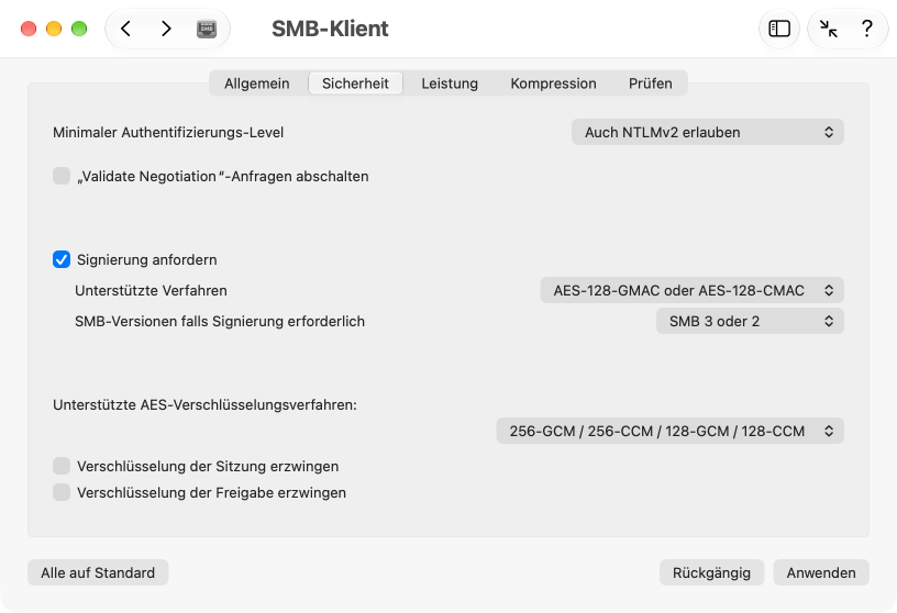 Einstellungen für SMB-Sicherheit