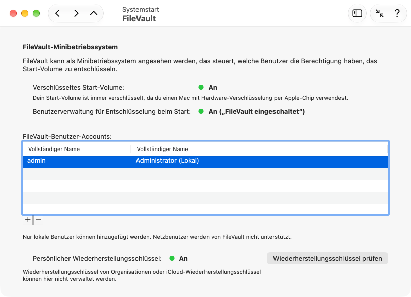 TinkerTool System zeigt den Status und die Benutzerverwaltung von FileVault an. Falls vorhanden kann auch ein persönlicher Wiederherstellungsschlüssel geprüft werden.
